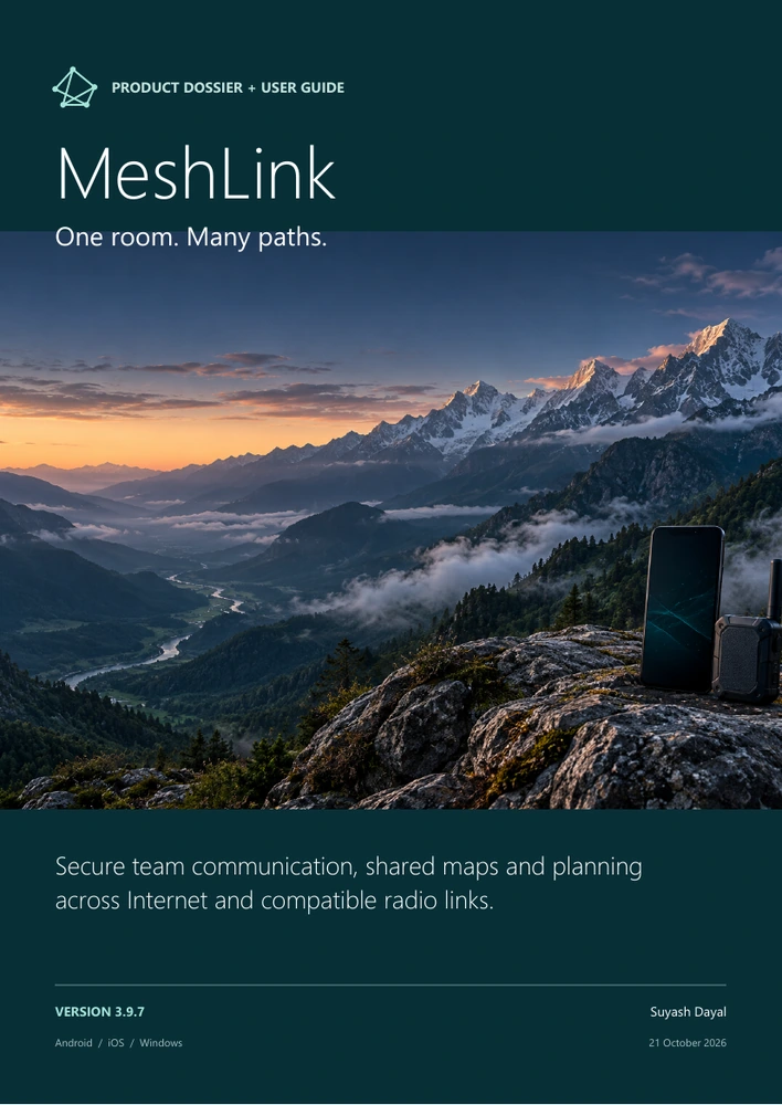 MeshLink product dossier cover showing mountains and a connected phone